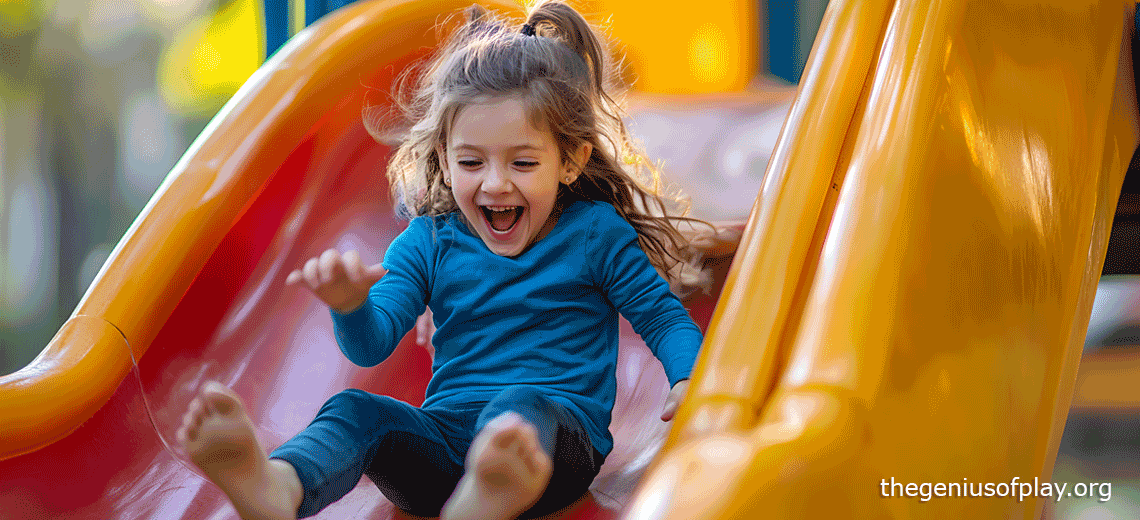 preschool aged girl smiling going down a slide in a playground.