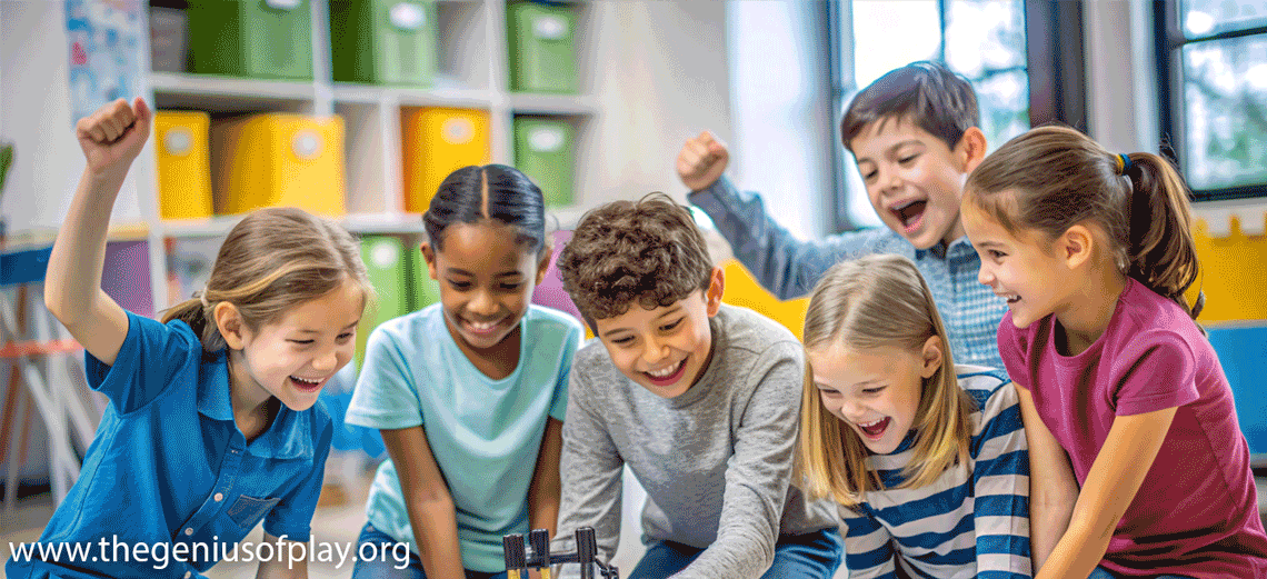  A group of diverse elementary school students excitedly work together to build and explore a robot in a classroom.